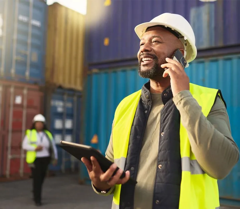 A worker in a high visibility vest on the phone at a shipping container yard